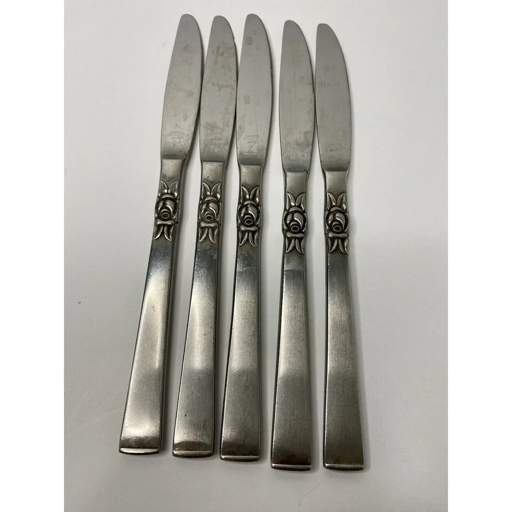 Nasco Stainless Steel Westwood Dinner Knives Lot of 5 Made in Japan Rose Floral